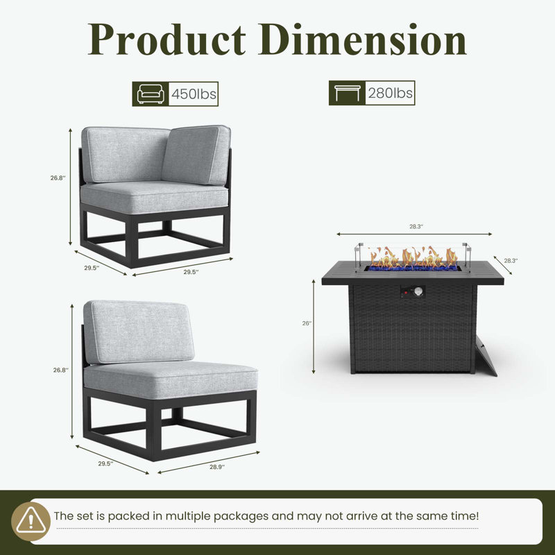  Ensemble de meubles de patio 7 pièces en aluminium avec table de feu, ensemble modulaire d'extérieur pour conversation en L