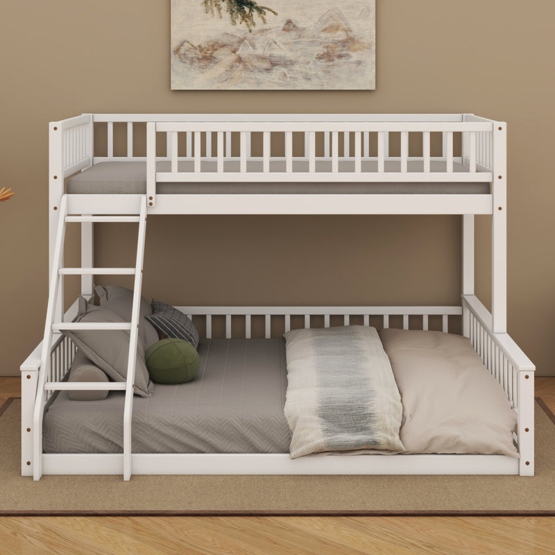 Twin XL Over Queen Floor Bunk Bed With Ladder And Guardrails, Bedroom Wood Bunk Bed Frame, Space Saving & Noise Free, No Box Spring Needed