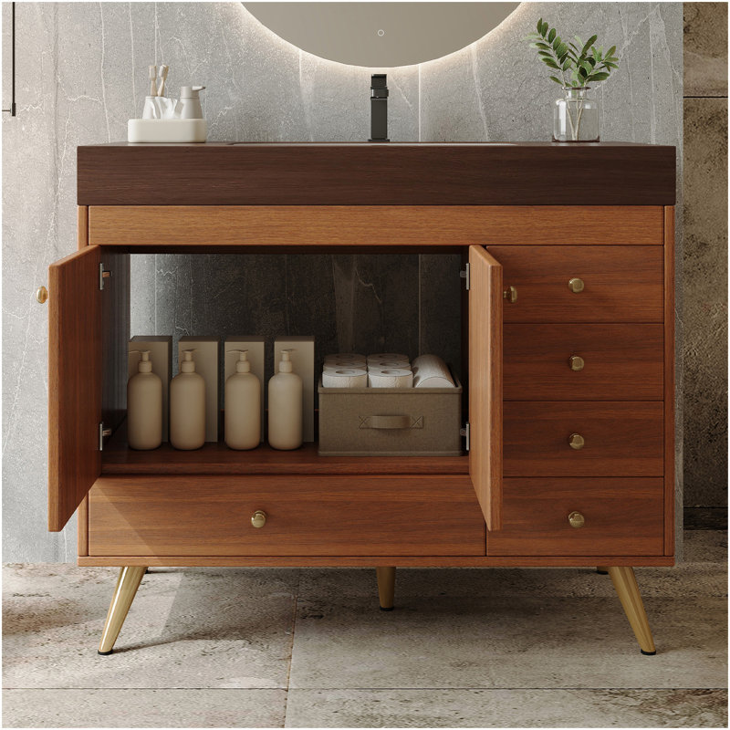 36" Freestanding Bathroom Vanity With Faux Marble Top, Ceramic Sink, 5 Drawers & Stainless Steel Legs, Walnut, Walnut