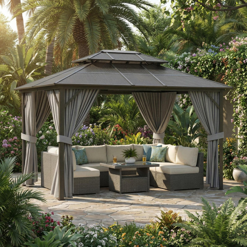 Pavillon de jardin 10 pi x 13 pi avec filet et rideaux, Gris