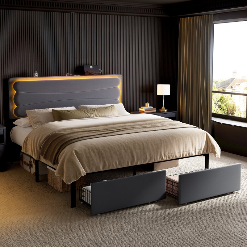 Upholstered Queen Bed with 2 Storage Drawers,Velvet Storage Bed with LED Light and Charging Station,No Spring Boxing Needed
