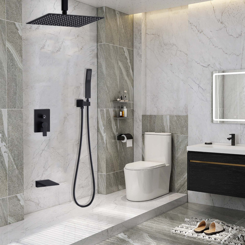 Système de douche moderne à fixation au plafond noir mat avec pomme de douche à haute pression, corps de valve à main, garniture brute et garniture inclus