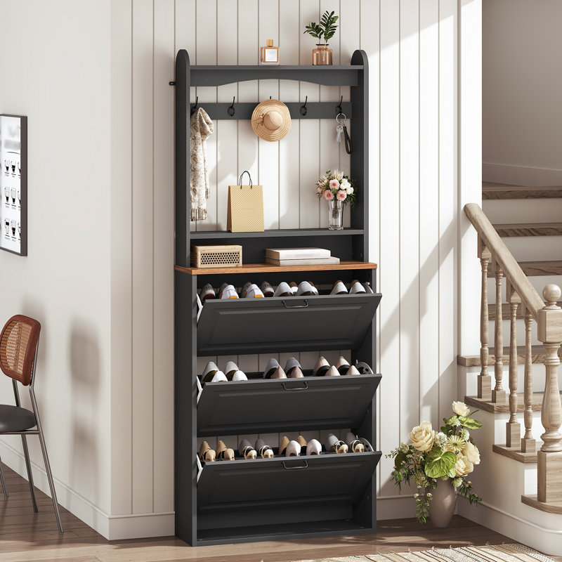 Armoire à chaussures Farmhouse avec 2 tiroirs rabattables et portemanteau, Noir