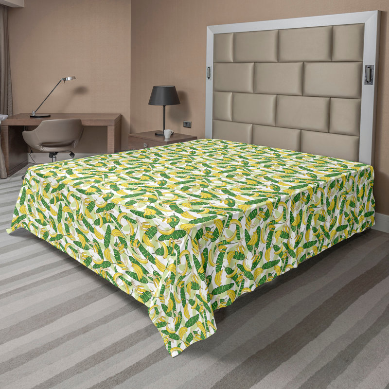 Drap plat moderne de style bohème Ambesonne, Drap plat de taille très grand, Moutarde / vert fougère / motif floral blanc