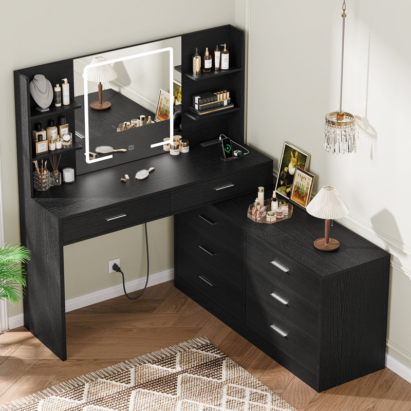 Bureau de maquillage pour meuble-lavabo avec miroir lumineux à DEL et prise de courant, 8 tiroirs, 6 tablettes de rangement, 3 modes de couleurs et coiffeuse à luminosité réglable, meuble-lavabo de coin, changement de forme en L, bureau de 39,4 po