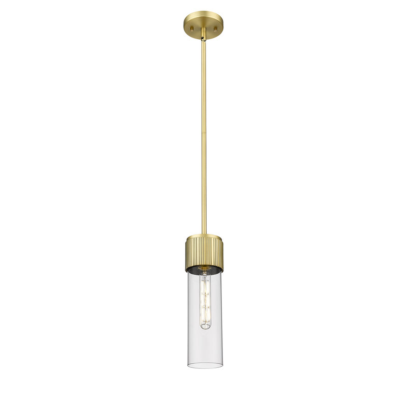 Luminaire suspendu à tige 1 lumière 12 "Bolivar, Laiton brossé, Transparent, H 13,5 po x l 4 po x P 4 po