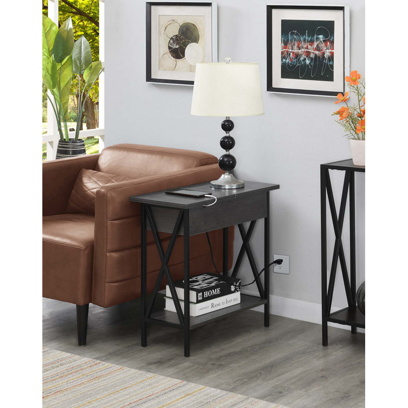 Ariyana End Table with Built-In Outlets and USB Ports, Charcoal Gray Top/Black Base