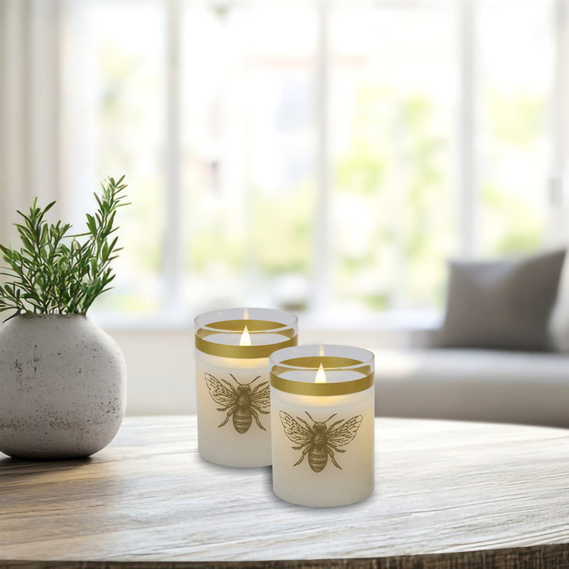 Battery Operated LED Glass Candles with 3D Wick Flame, Honeybee - 2 Piece
