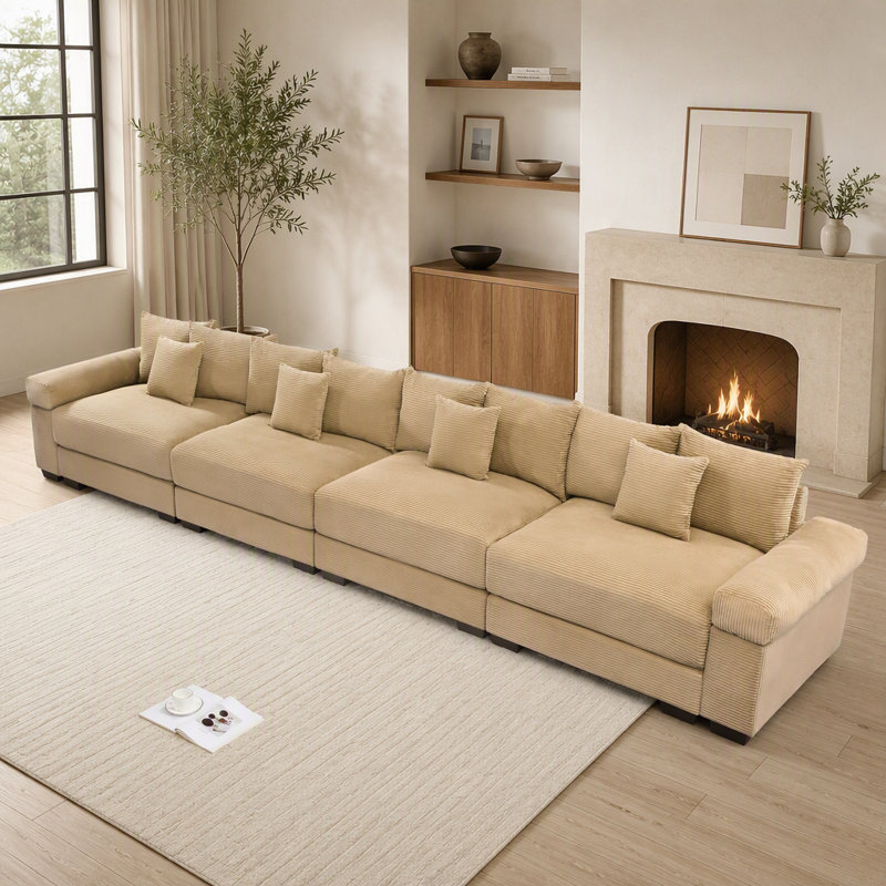 Canapé d'angle modulaire surdimensionné Cloud avec velours côtelé haut de gamme, accoudoirs extra-épais, coussins résistants et 12 coussins décoratifs pour un confort et un style ultimes.