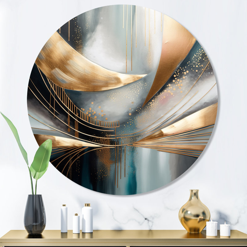«Abstract Shapes And Lines V» - Art mural rond en marbre abstrait sur métal, H 36 po x l 36 po x P 1 po