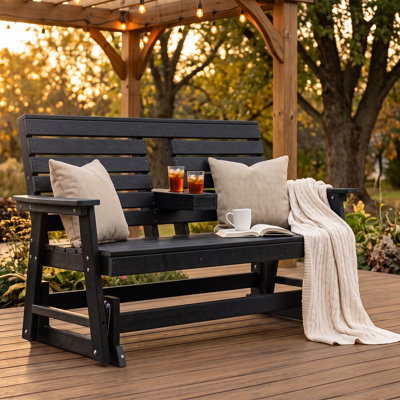 Banc de patio extérieur en PEHD pour 2 personnes avec porte-gobelet central pliable, causeuse de patio résistante aux intempéries, fauteuil à bascule d'extérieur d'une capacité de 660 lb pour les porches, les jardins et les terrasses