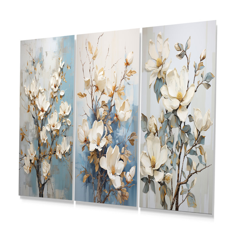 Blue And White Magnolias Flowers Bloom - Magnolias Metal Wall Art Living Room Set Of 3, 28" H x 36" W