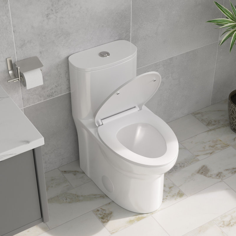 Toilette allongée moderne à une chasse 16 po à hauteur confortable et à double chasse pour surface vitrée fixée au sol (siège à fermeture en douceur inclus)