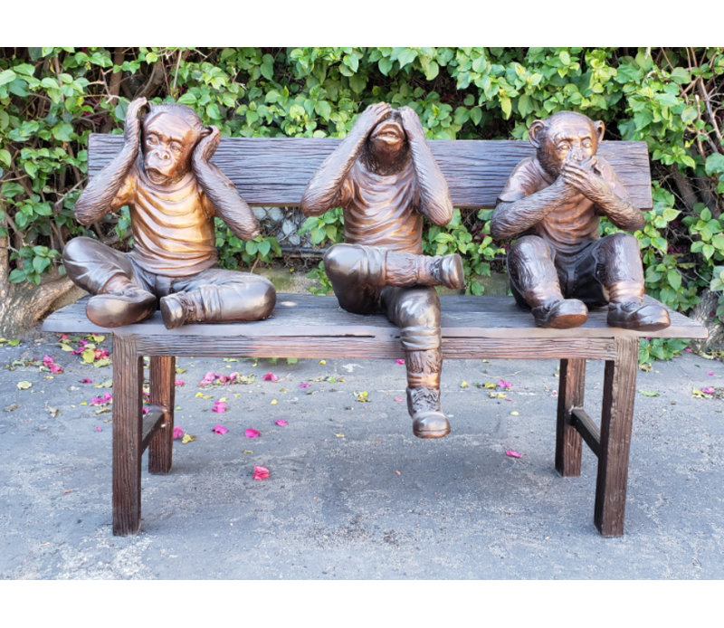 Trois singes sages sur un banc deux tons bronze - Taille: L 45 po x l 19 po x H 30 po