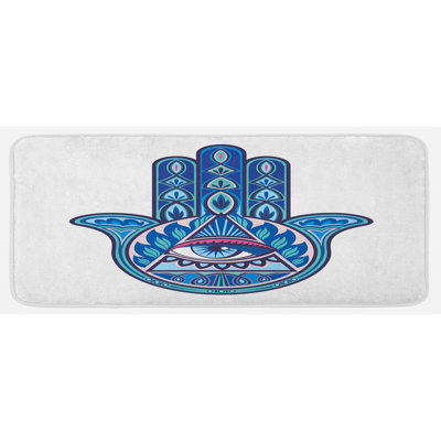 Tapis de cuisine rose en forme de « hamsa » et de conception vibrante avec un oeil malveillant en triangle ésotérique