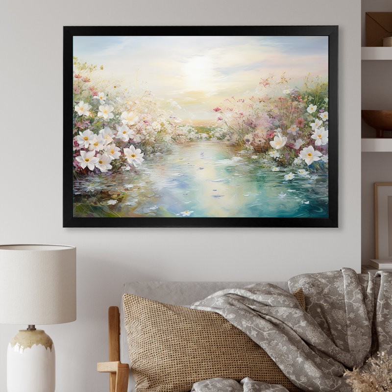 «Simplity Wreath Green Flower Field I» sur toile, Cadre simple noir, H 16 po x l 32 po x P 1 po