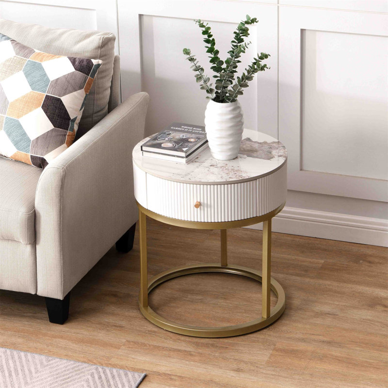 Table d'appoint ronde avec tiroir, Blanc, Doré