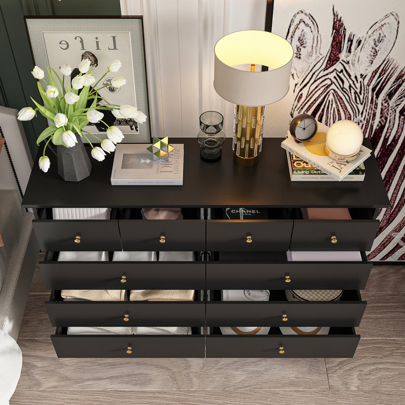 Commode double l 55,1 po à 10 tiroirs Arthuree, Noir et or