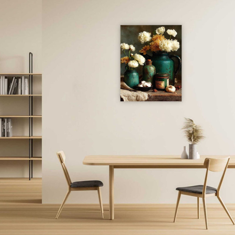 Vases verts, fleurs blanches et beige, épices de coton sur une table en bois rustique, art mural de qualité supérieure pour le salon, 32 x 24 po