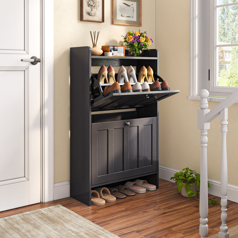 23.6" W Shoe Storage Cabinet with 2 Flip Drawers, 15 Pair Freestanding Large Capacity Shoe Cabinet, Black