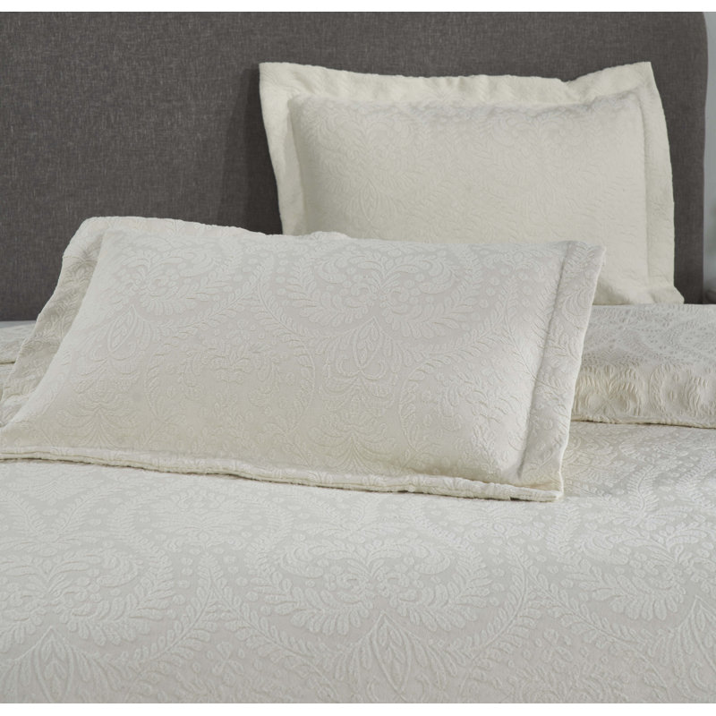 Aspen Floral Scalloped Edge Cotton Blend Coverlet / Bedspread with Sham Set, Queen, Ivory