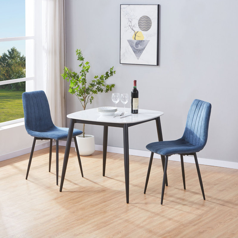 Aspen Sintered Stone Square Table with 2 Straight Stitch Upholstered Fabric Chairs - Modern Dining Set, Blue