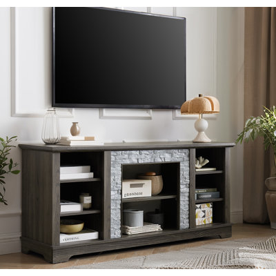 TV Stand For 60 Inch TV, TV Media Stand With With Mantel And Cabinets,Modern Entertainment Center With Storage, Realistic Stacked Stone Surround For L -  Winston Porter, F8BF1DC195CC46A3B12A083FE3E85FBA