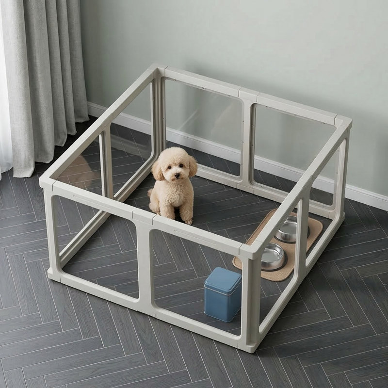 Interior Acrylic Pet Containment System, 24-Inch Height with Door, Suitable for Puppies, Cats, Rabbits, or Ferrets, Tool-Free Installation, Customizable Configuration for Small Dogs, Includes Eight White Panels