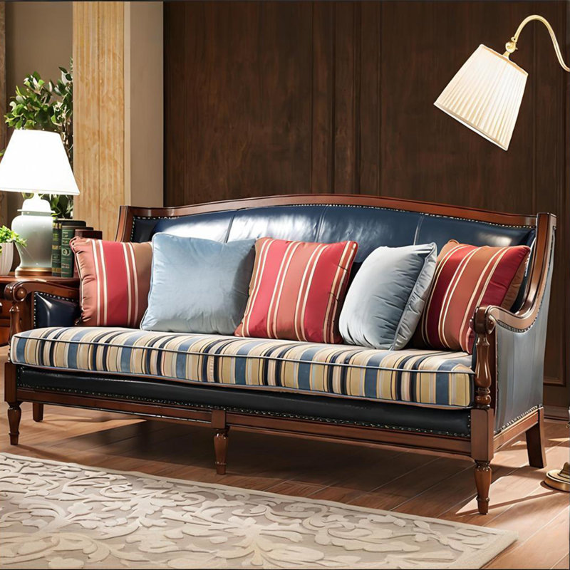 78.34"Classical Three-Seater Sofa, Solid Wood Frame with Top Grain Leather on Contact Surfaces