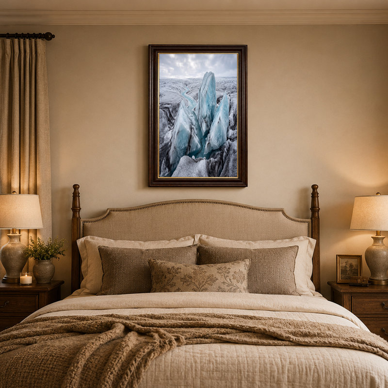 «Frozen Glacial Landscape with Blue Ice and Stream», art mural, H 16 po x l 24 po