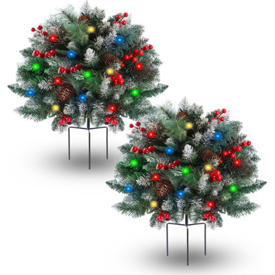 2 Pack Pre-Lit Artificial Christmas Urn Filler Tree withBattery Operated Lighted Planter Filler for Outdoor Porch, Pathway, Yard Holiday Decor