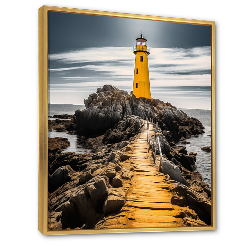 Phare de Robinsonville - photo II grise et jaune, H 40 po x l 30 po x P 1,5 po, Cadre flottant doré