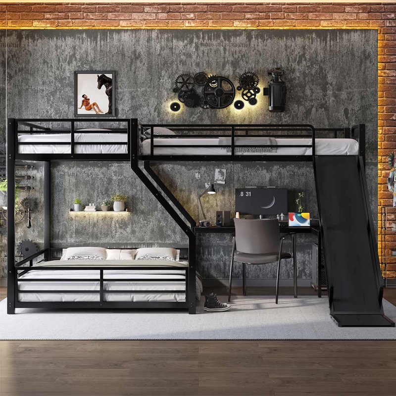 Lit superposé triple en métal, lit superposé avec lit mezzanine simple, avec glissade et ports USB, noir