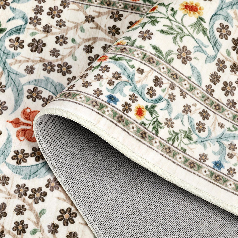 Rectangle Floral Washable Area Rug, Beige, Rectangle 340 cm x 240 cm