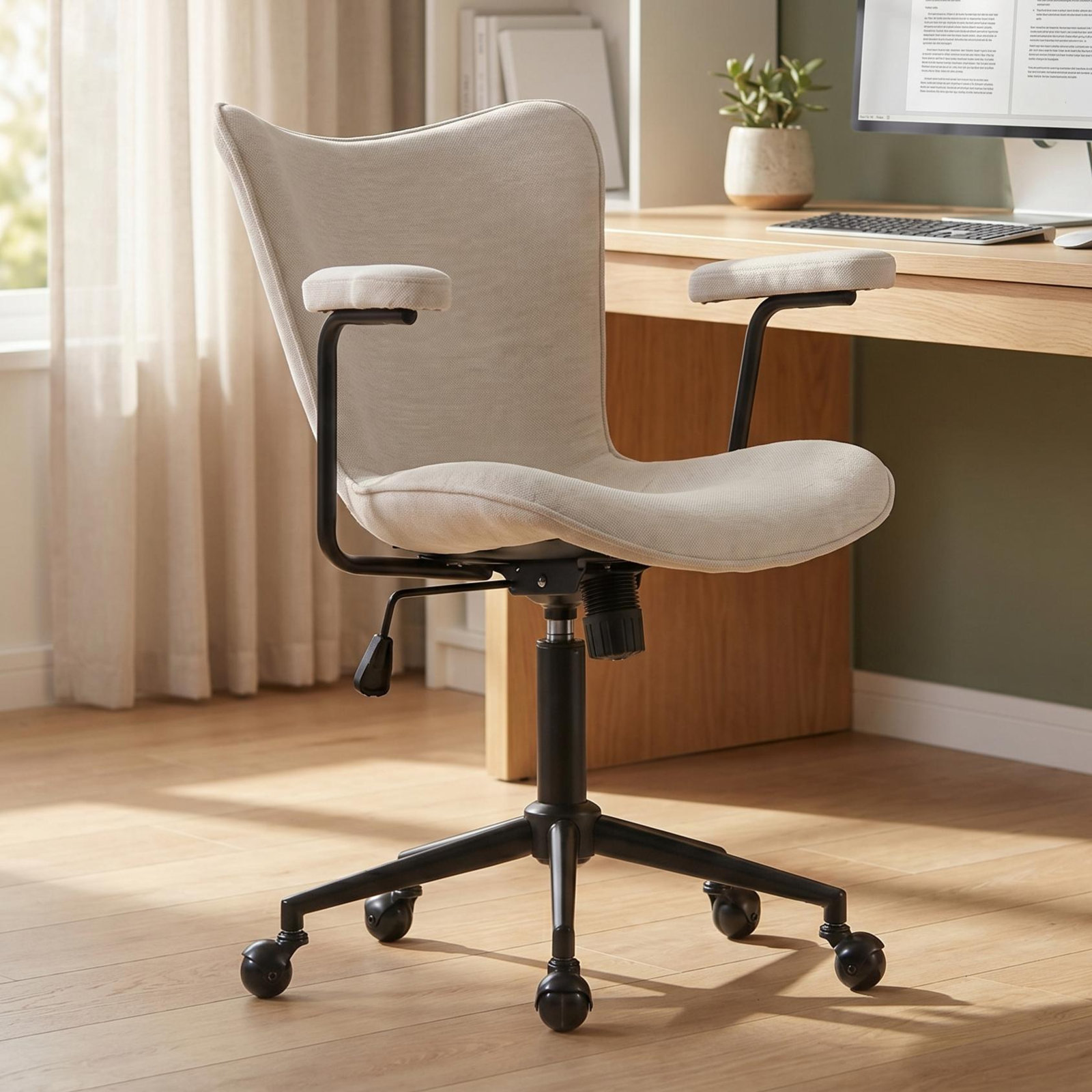 Fabric Office Chair Adjustable Swivel Task Chair With Padded Armrests Comfortable Desk Chair For Home Office Vanity Room