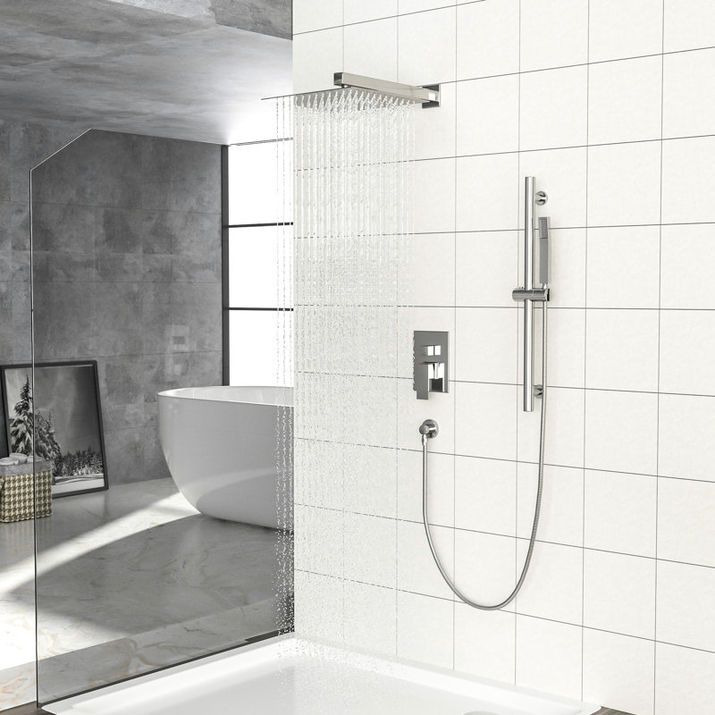 Robinet de baignoire et de douche mural, pomme de pluie carrée de 10 pouces, barre coulissante réglable de 26,18 po, soupape d'échaudage, double fonction, installation facile, nickel brossé à nettoyer,