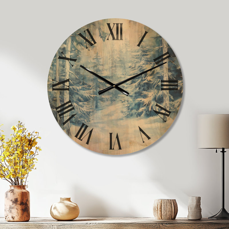 Horloge murale nature en bois - Pins d'hiver sous la neige, Medium