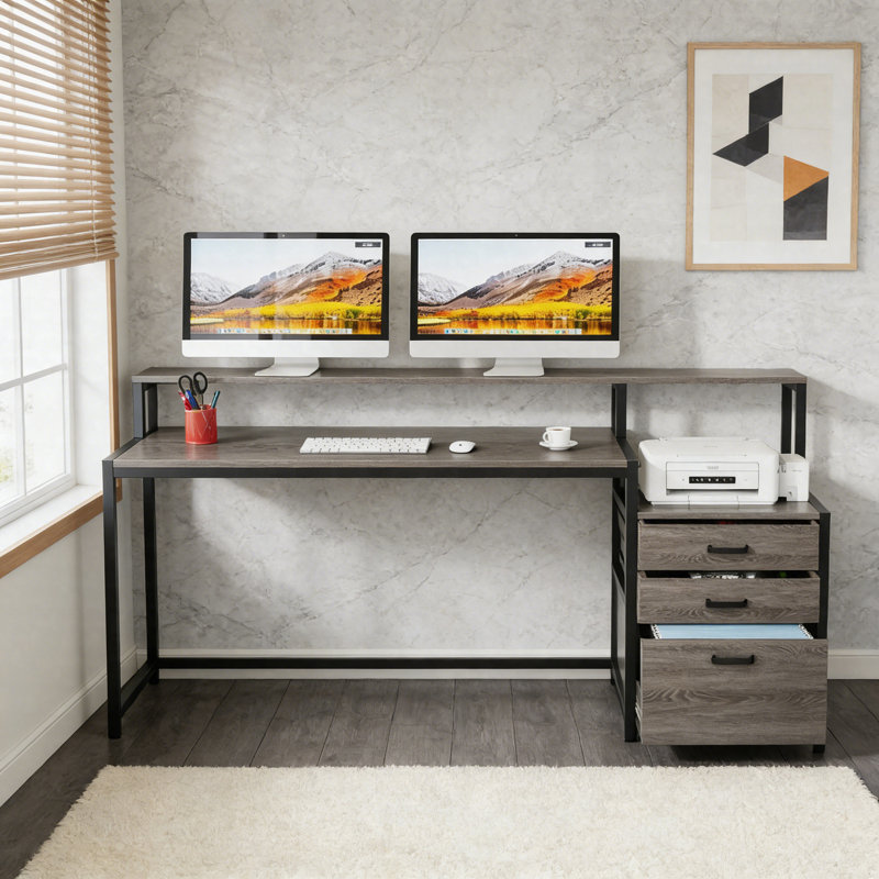 63" Ergonomic Computer Desk – Office Desk With Drawers & Monitor Stand, Gray/Black