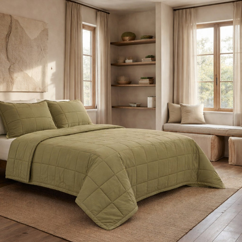 Slub Tencel Coverlet Set, King Bedspread + 2 King Shams, Olive