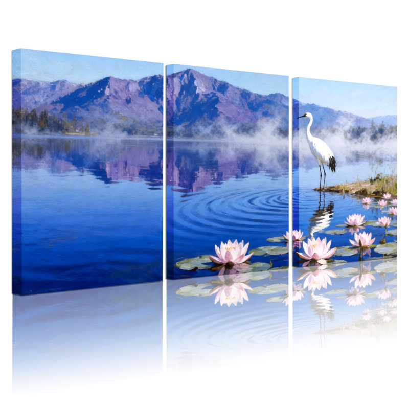 «Birds Mountain Lake Reflection Water Lily Bird», ensemble de 3 impressions sur toile, H 18 po x l 36 po