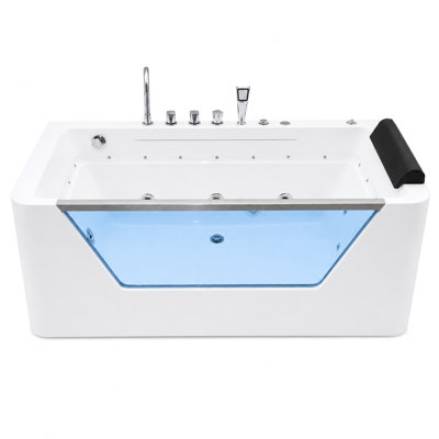 67" Whirlpool Bathtub with 7 Hydrotherapy Jets & Tempered Glass Panel – Single Acrylic Jetted Soaking Tub, Chromotherapy LED Lights, 125° Recline, 660 LBS Capacity, UL Certified, White