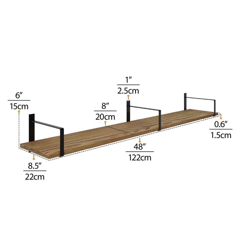 8" Floating Shelf For Living Room, Hanging Shelf For Wall, Rustic Shelf For Office Decor, Farmhouse, Burnt, 1pc, 6" H x 48" W