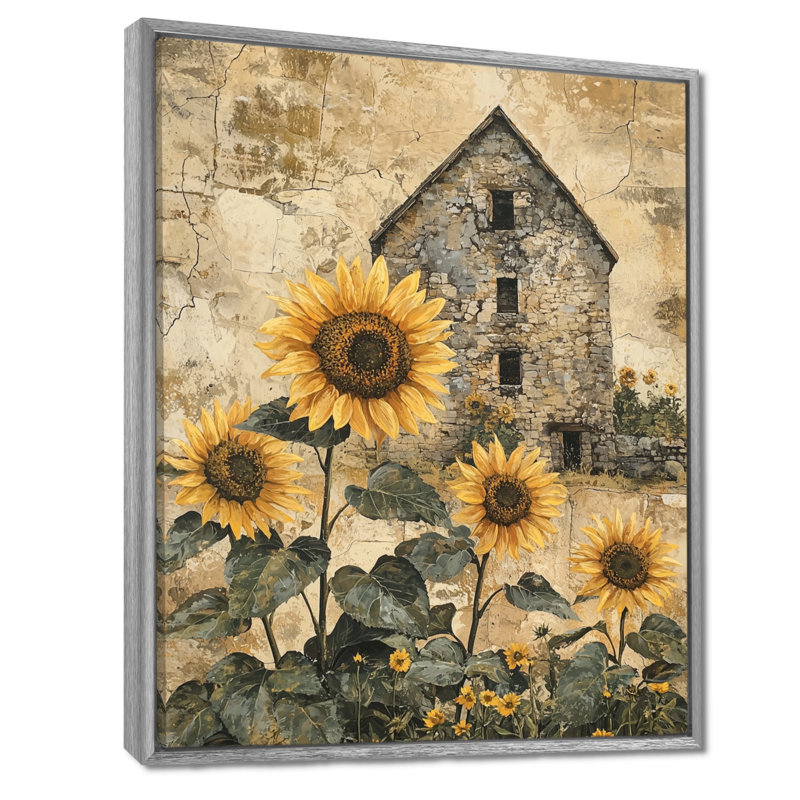 «Drevion Sunflowers At The Grain Mill I» - Art mural sur toile, tournesols, H 32 po x l 16 po, Argent argent