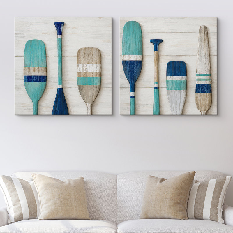 Ensemble de 2 reproductions de rames bleues et beiges rustiques avec rayures côtières et style maison de lac, Toile tendue