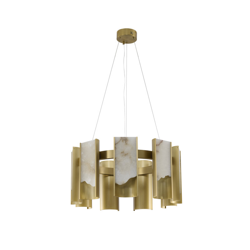 Lustre 9 lumières DEL en laiton satiné et aluminium blanc albâtre
