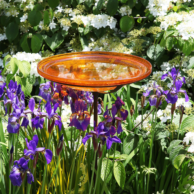 Mandarin Crackle Glass Birdbath with Bronze Stake, 14 Inch