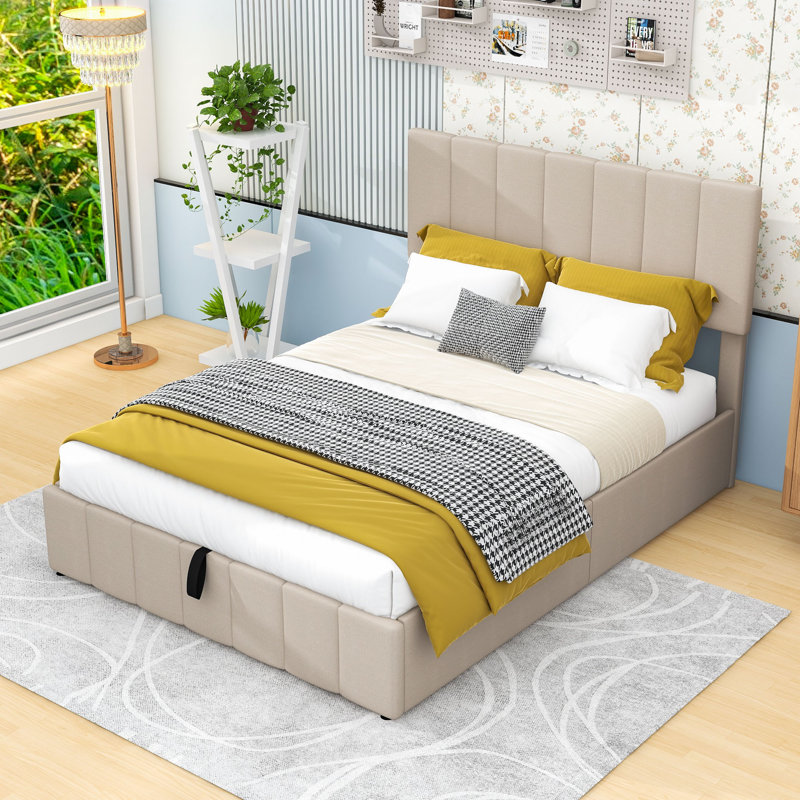 Lit plateforme tapissier avec rangement Alfie-Ray, Beige, Double