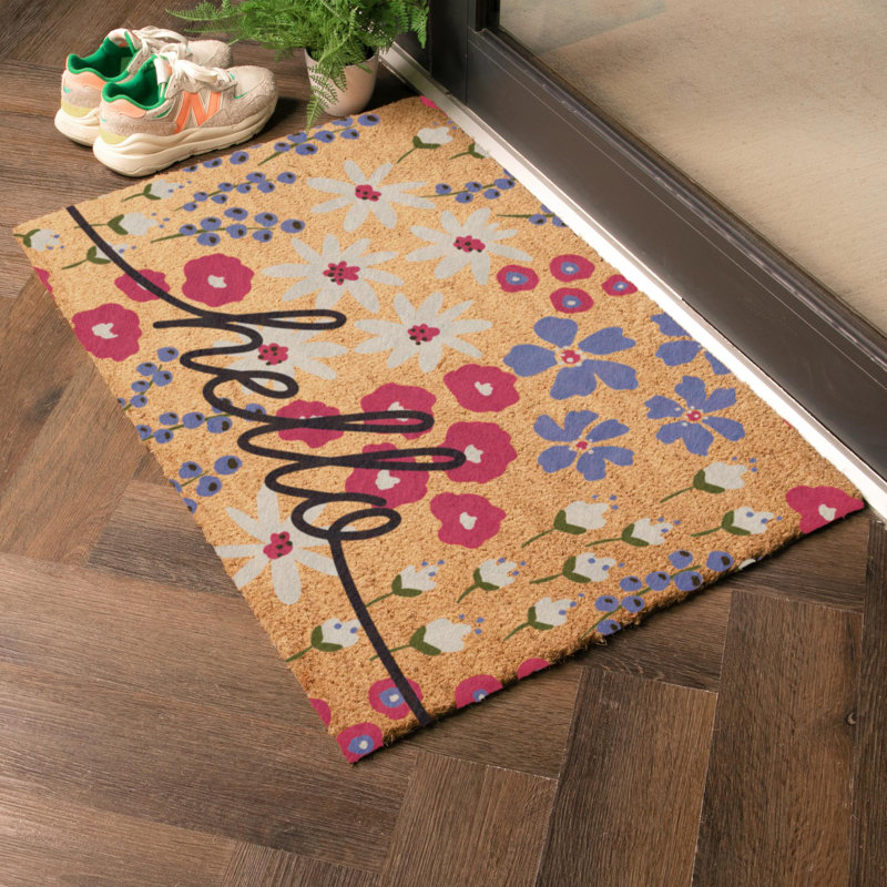 Hello Scribbly Floral Coir Doormat, Brown, 60cm W x 90cm L