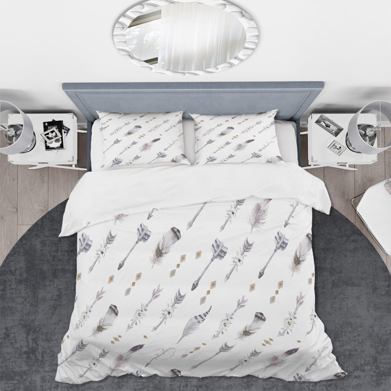 Boho Feathers And Arrows - Ensemble de housse de couette bohémien - Microfibre de polyester, Blanc