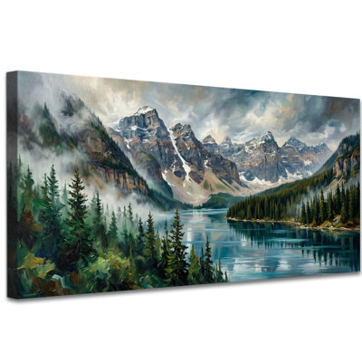 Mountain Lake Canvas Wall Art for Living Room, Panoramic Snow Mountain Forest Landscape Wrapped Canvas, Nature Wall Decor for Bedroom Office Cabin, 1.5 Inch Thick Waterproof, 24×48 Inch